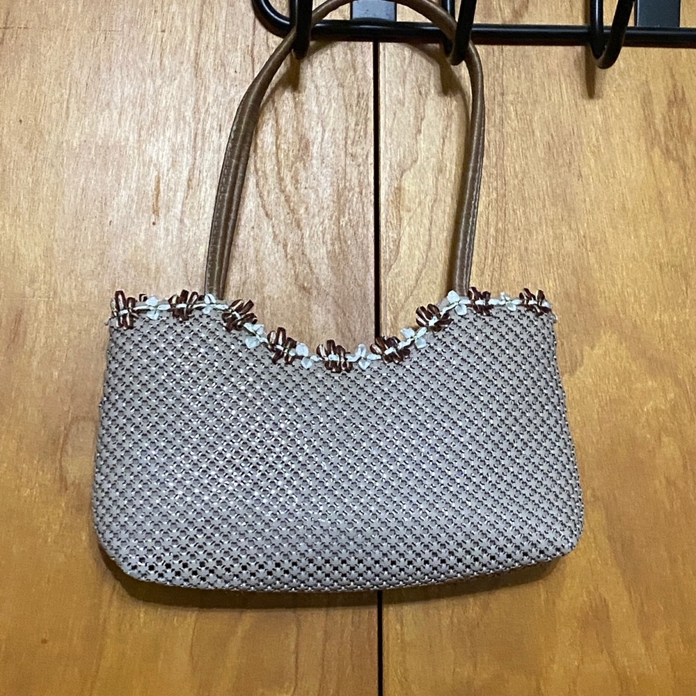 Y & S Original Vintage Small Enamel Mesh Handbag Purse w/Handles Light Brwn Whte